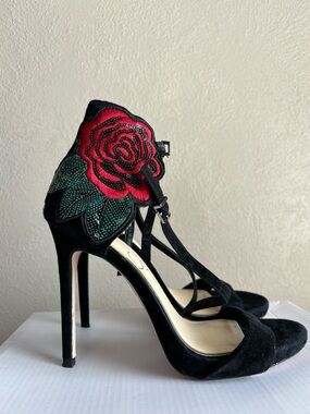 Jessica Simpson Black Suede T-Strap Heels with Red Rose Embroidery
